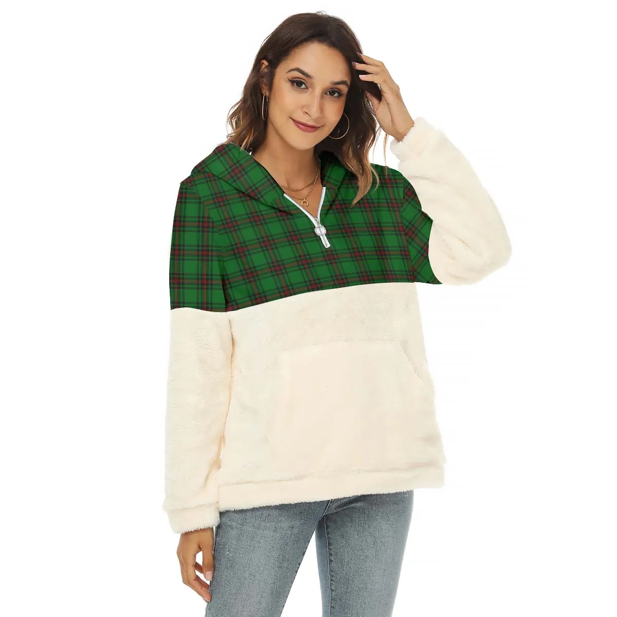 Anstruther Tartan Women's Borg Fleece Hoodie With Half Zip