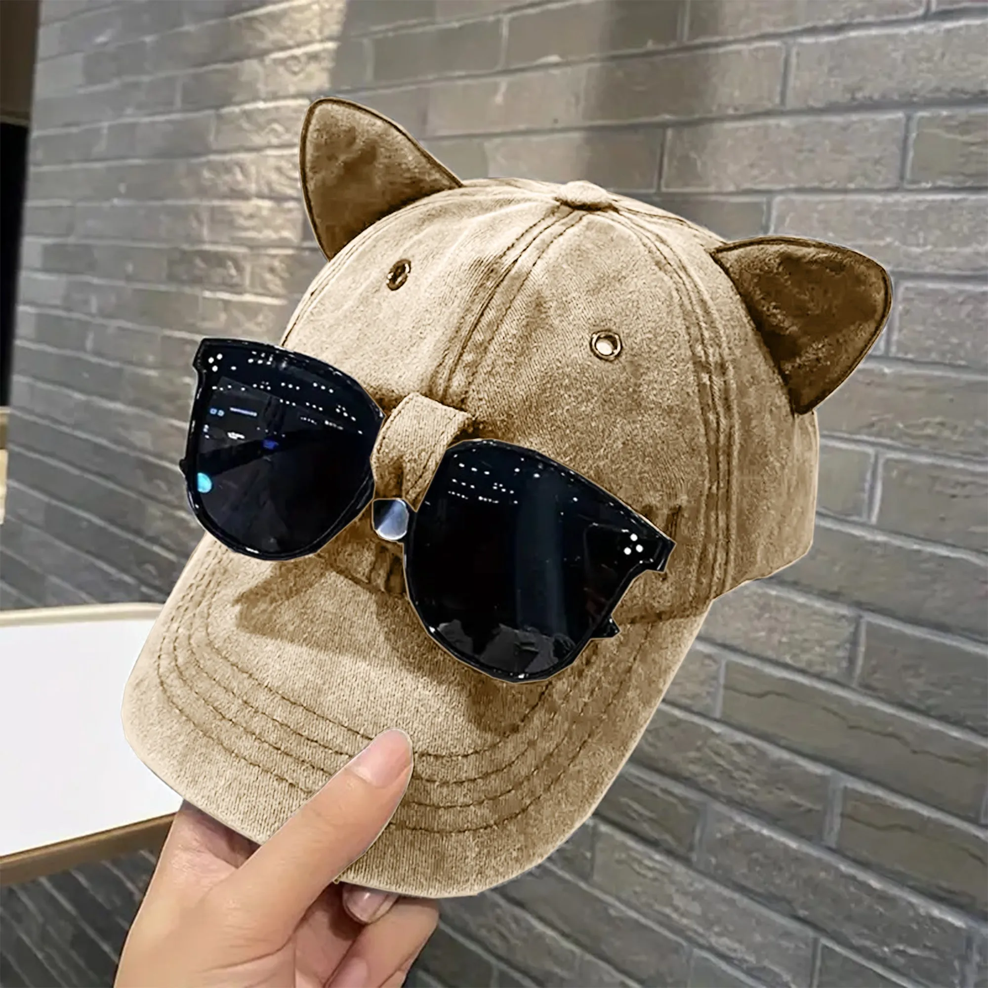 Babymoon Set of 2 | Baby Kids Boys Girls Cat Ears Cap Hat with Sunglasses | 0-8 years | Brown