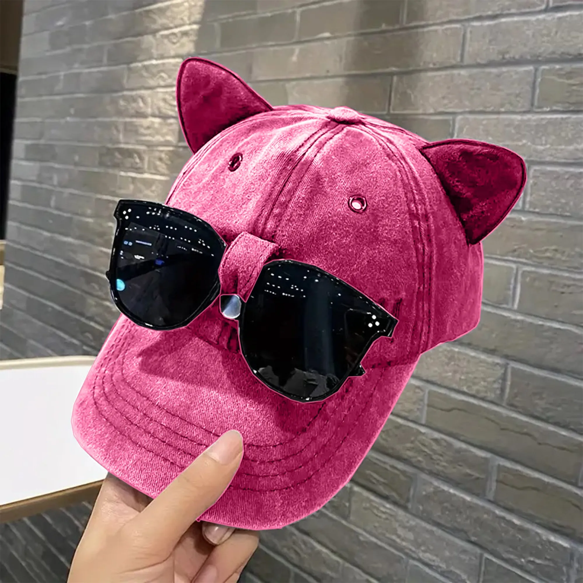 Babymoon Set of 2 | Baby Kids Boys Girls Cat Ears Cap Hat with Sunglasses | 0-8 years | Pink