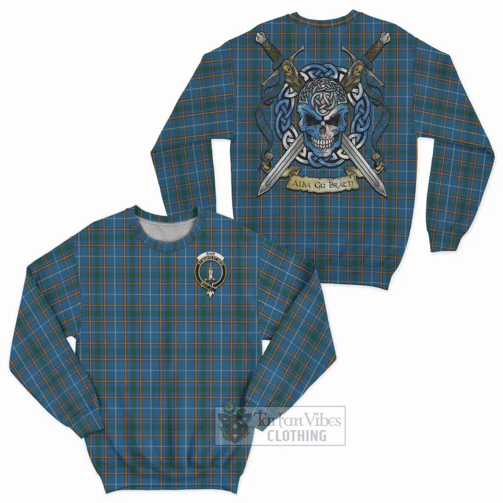 Bain Tartan Sweatshirt with Family Crest Celtic Skull Style