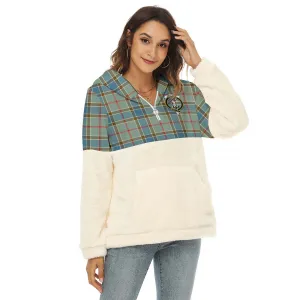 Balfour Blue Tartan Women's Borg Fleece Hoodie With Half Zip with Family Crest