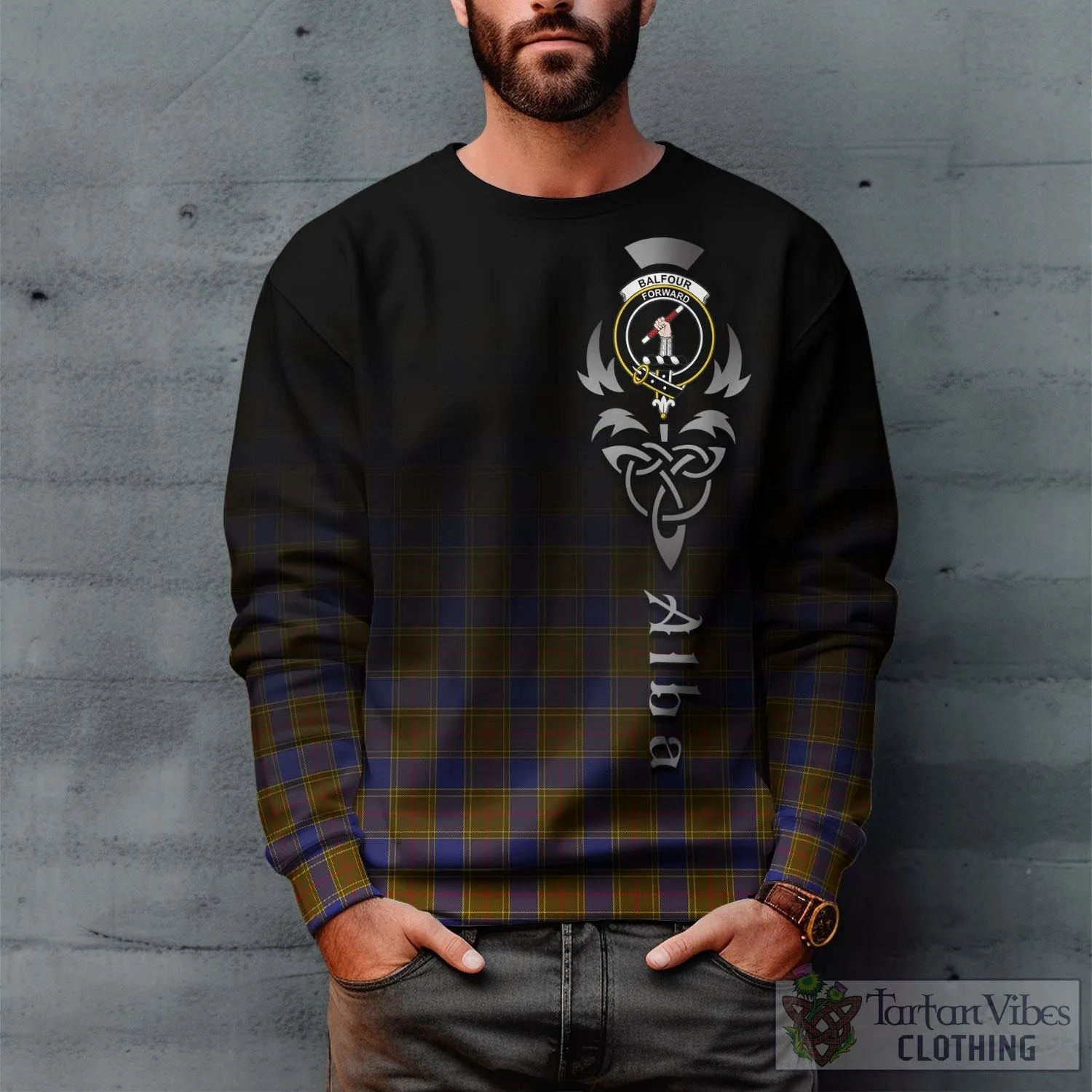 Balfour Tartan Sweatshirt Featuring Alba Gu Brath Family Crest Celtic Inspired