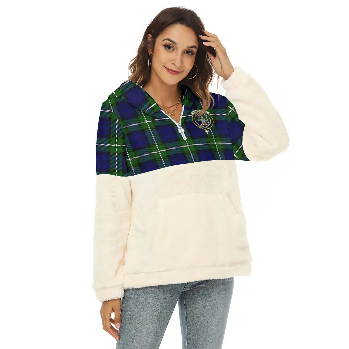 Bannerman Tartan Women's Borg Fleece Hoodie With Half Zip with Family Crest