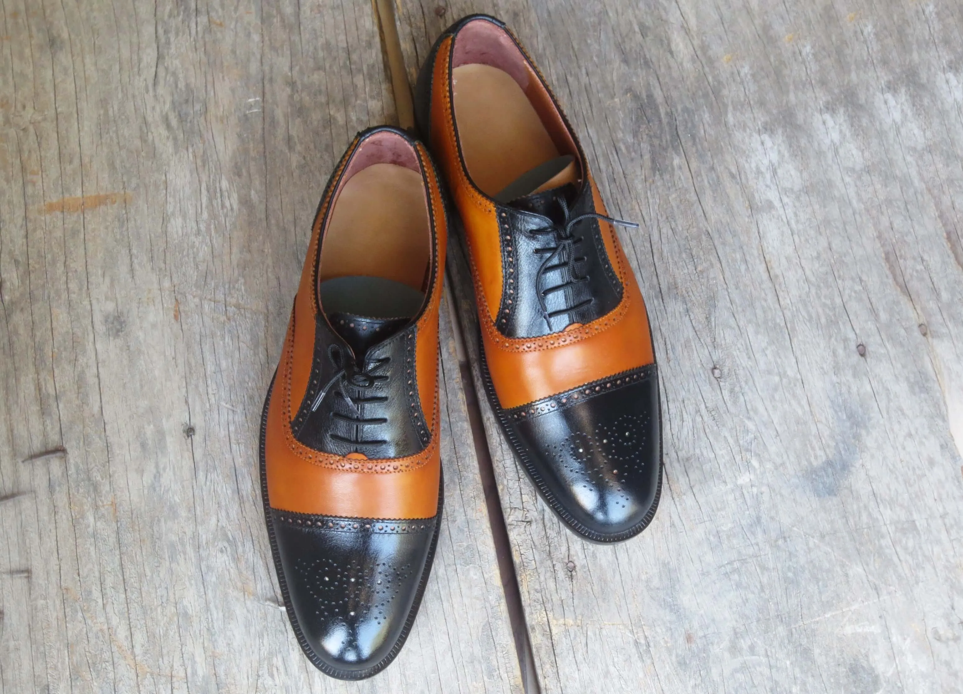 Bespoke Black and Tan  Leather Cap Toe Lace Up Shoe for Men