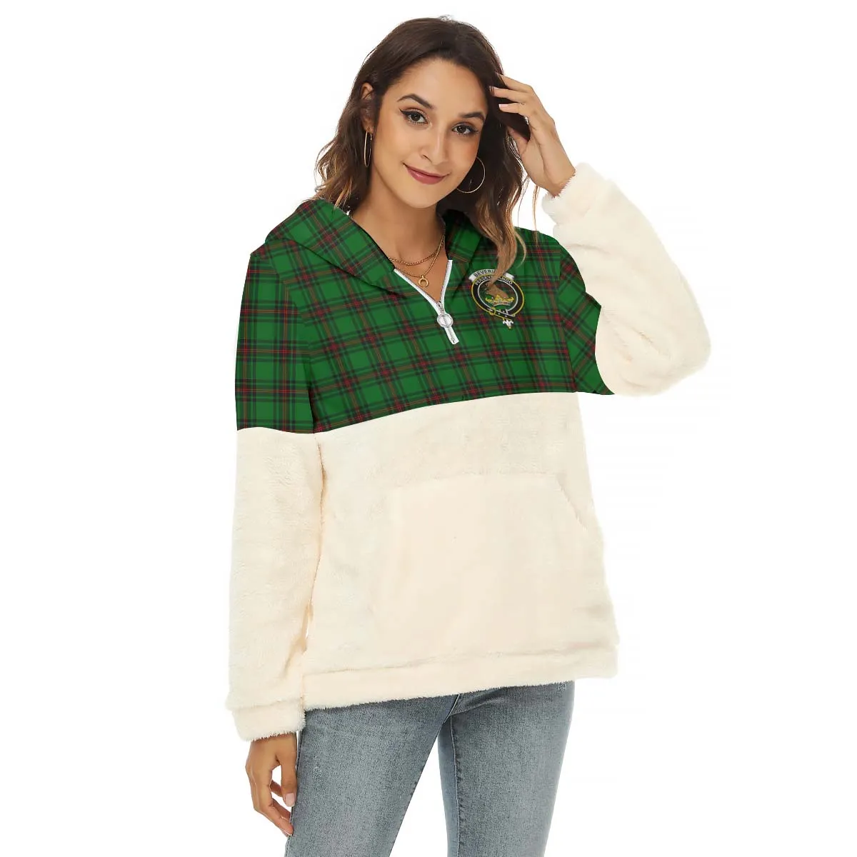 Beveridge Tartan Women's Borg Fleece Hoodie With Half Zip with Family Crest