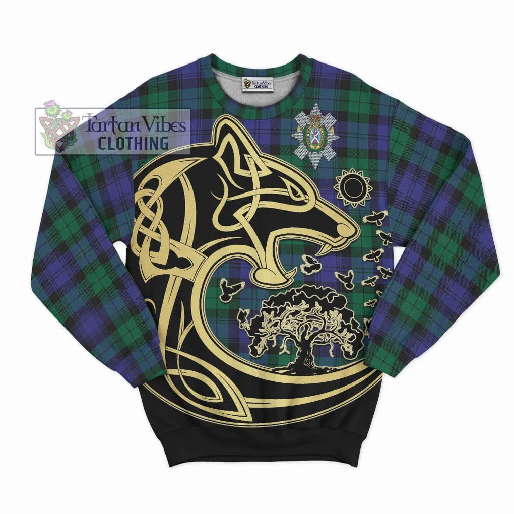 Black Watch Modern Tartan Sweatshirt with Family Crest Celtic Wolf Style