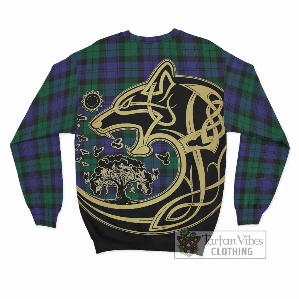 Black Watch Modern Tartan Sweatshirt with Family Crest Celtic Wolf Style