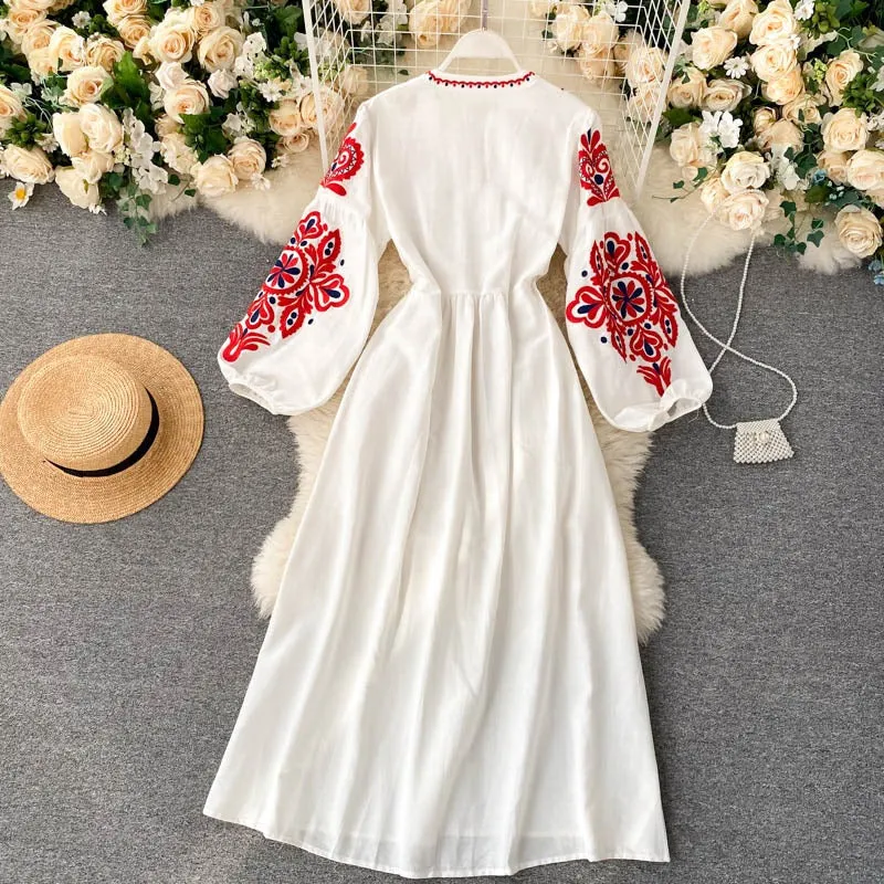 Bohemian Floral Embroidery with Lantern Sleeve Pleated Dresses