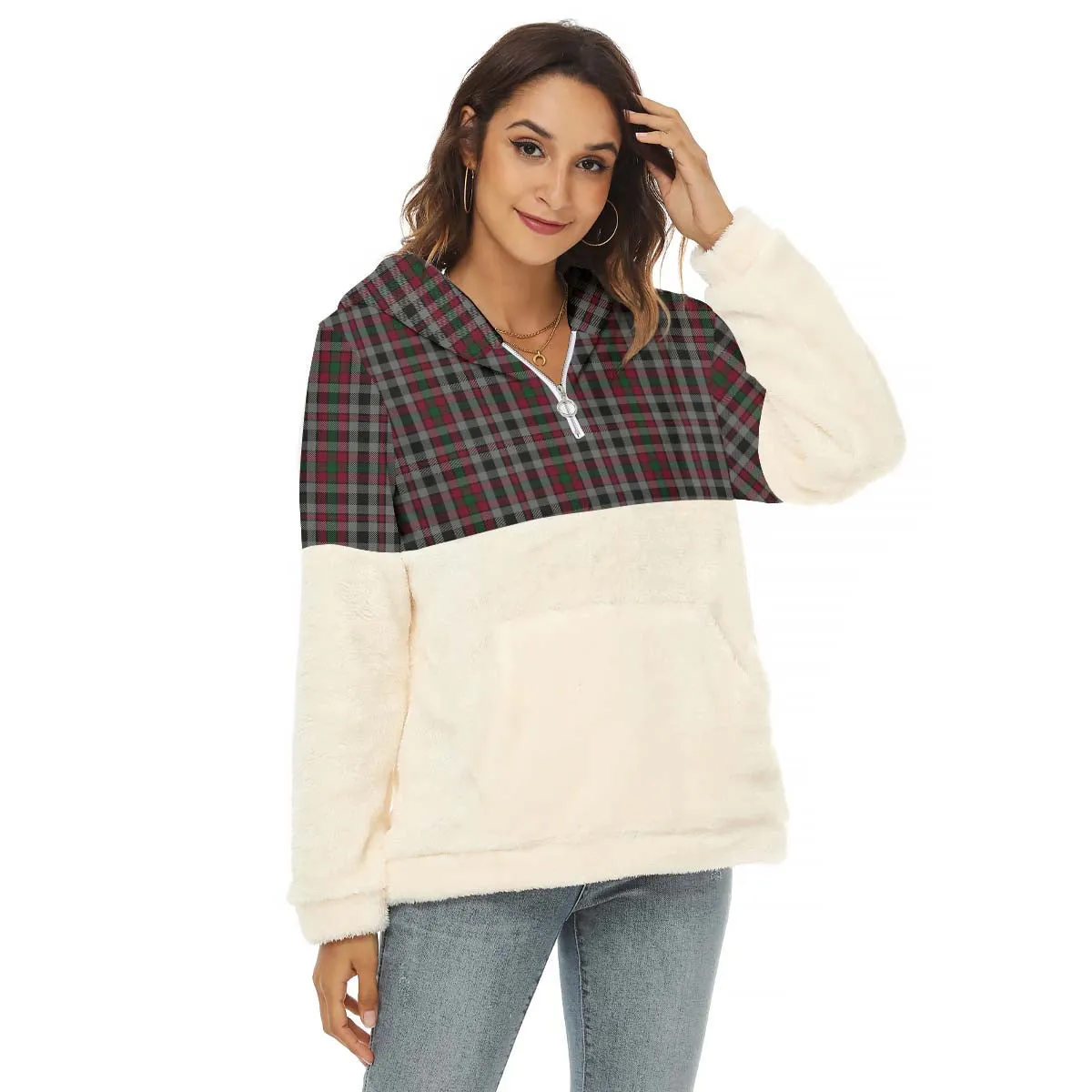 Borthwick Tartan Women's Borg Fleece Hoodie With Half Zip