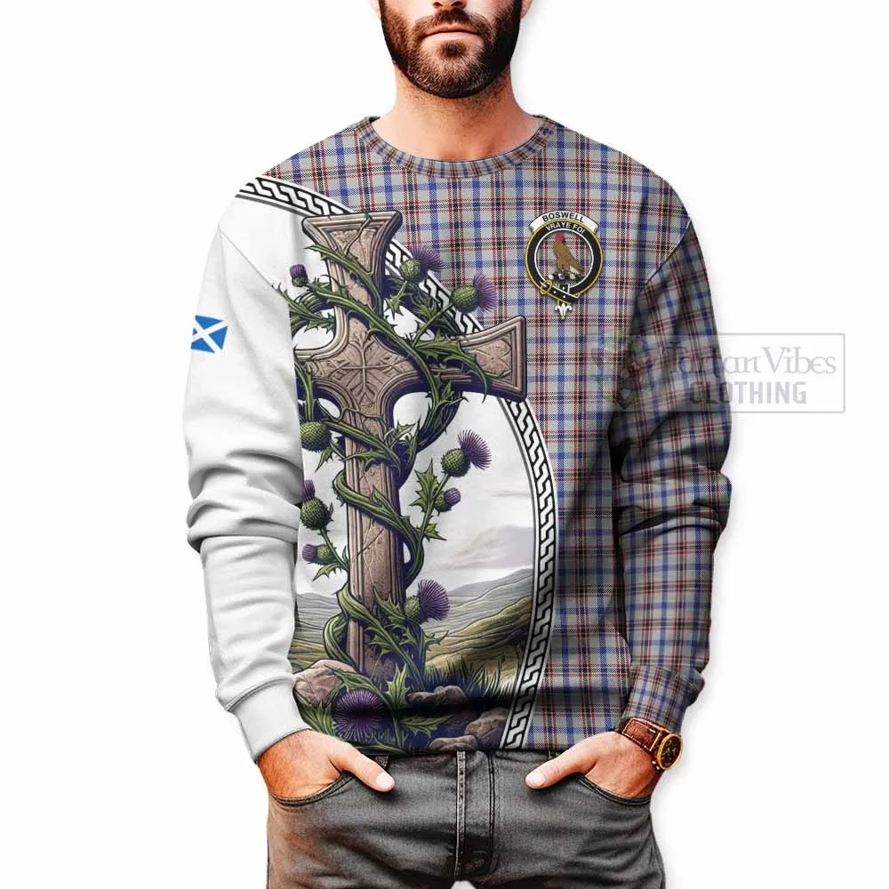 Boswell Tartan Sweatshirt with Family Crest and St. Andrew's Cross Accented by Thistle Vines