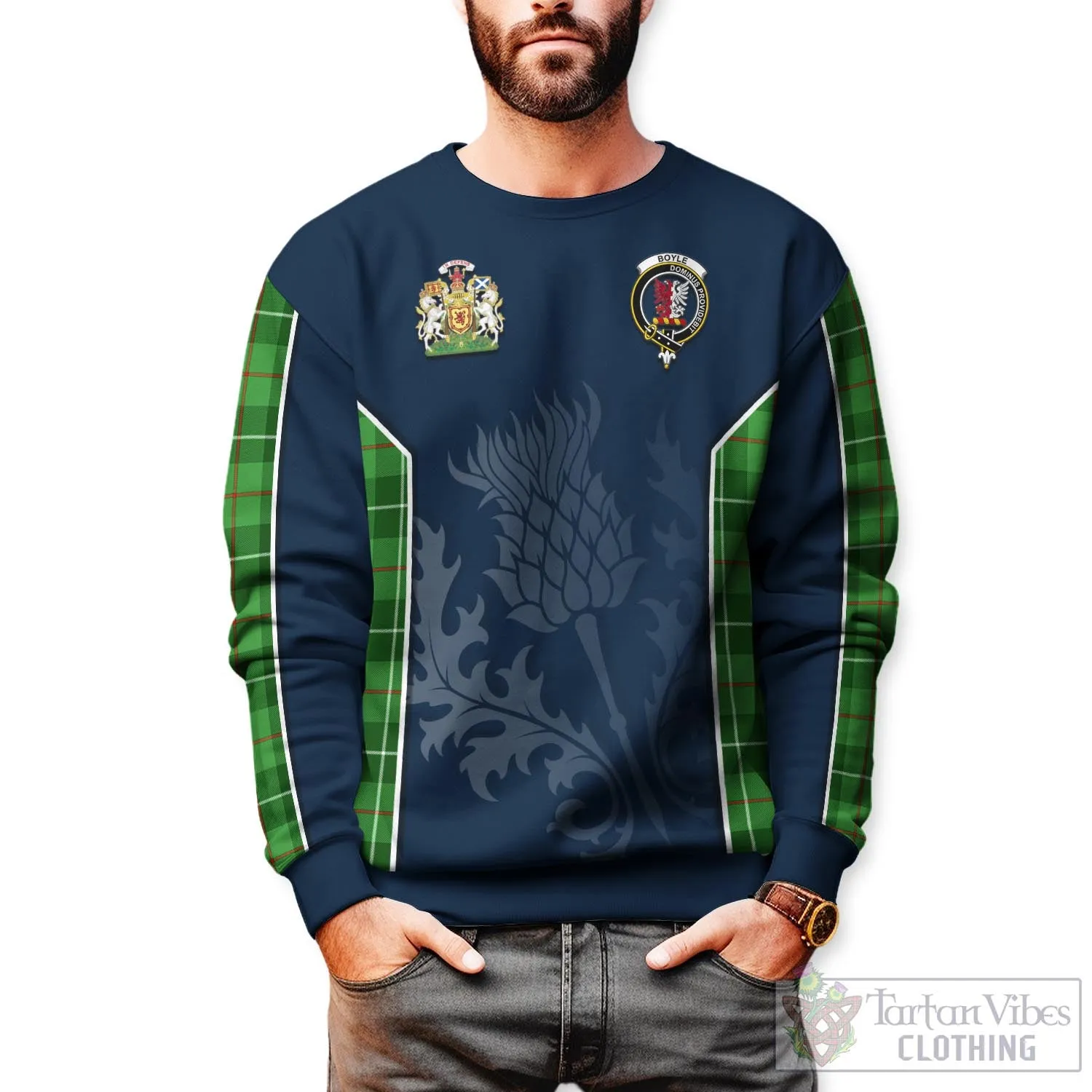 Boyle Tartan Sweatshirt with Family Crest and Scottish Thistle Vibes Sport Style