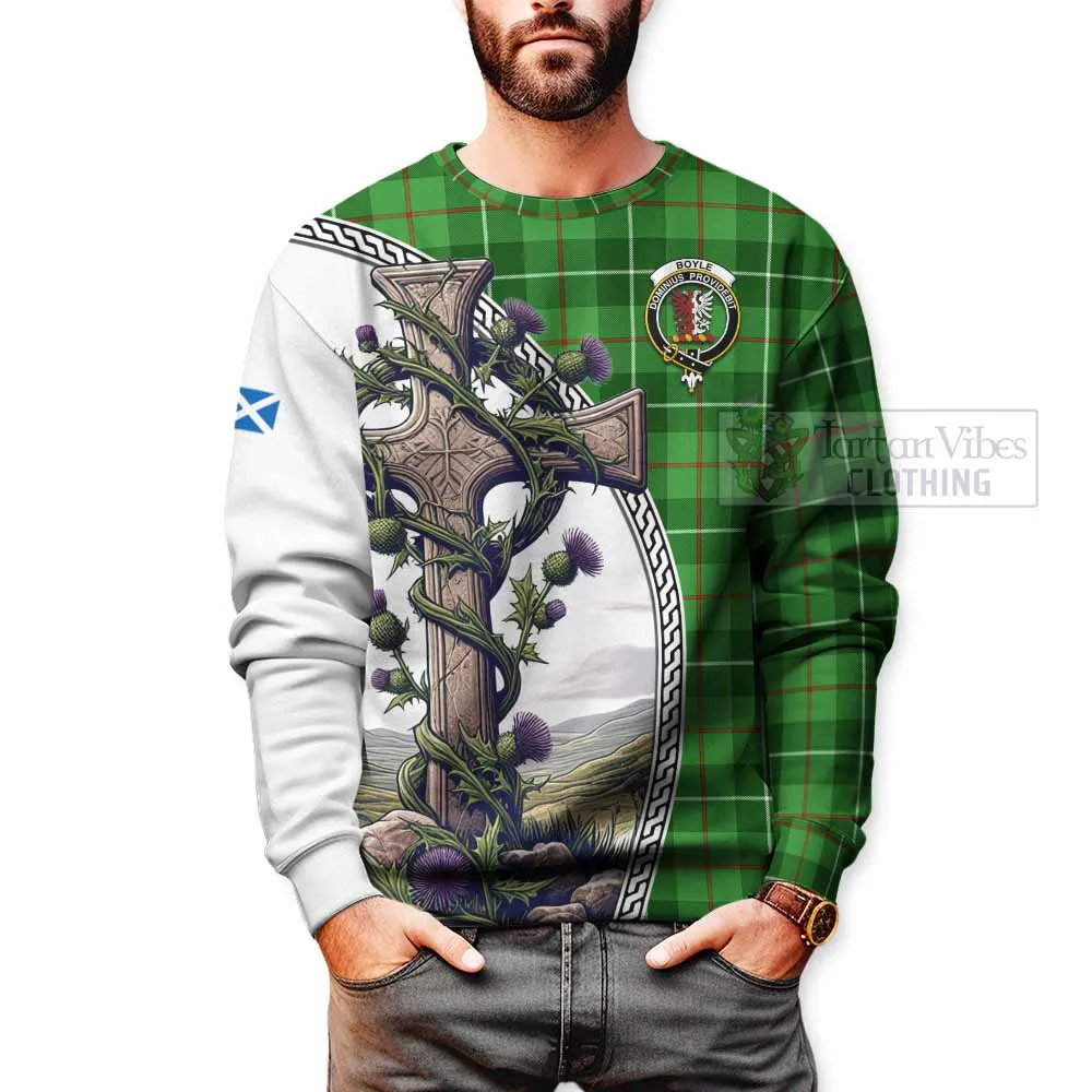 Boyle Tartan Sweatshirt with Family Crest and St. Andrew's Cross Accented by Thistle Vines