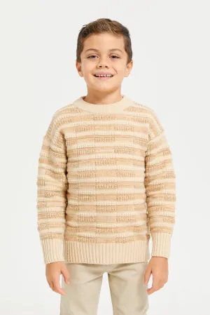 Boys Beige Round Neck Stripe Pullover