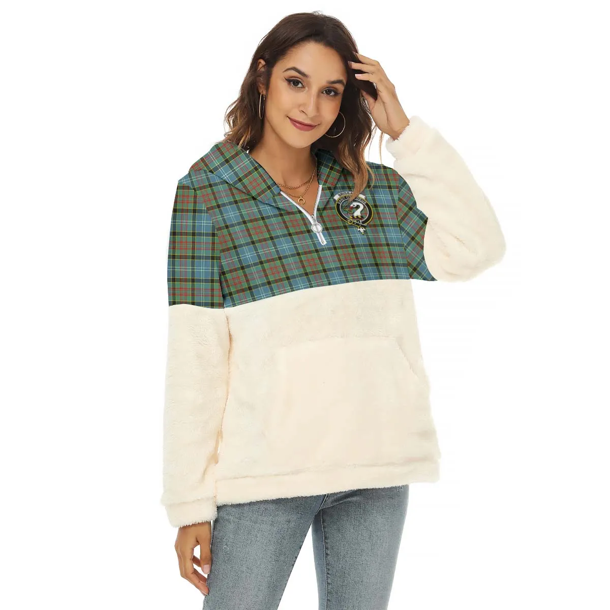 Brisbane Tartan Women's Borg Fleece Hoodie With Half Zip with Family Crest