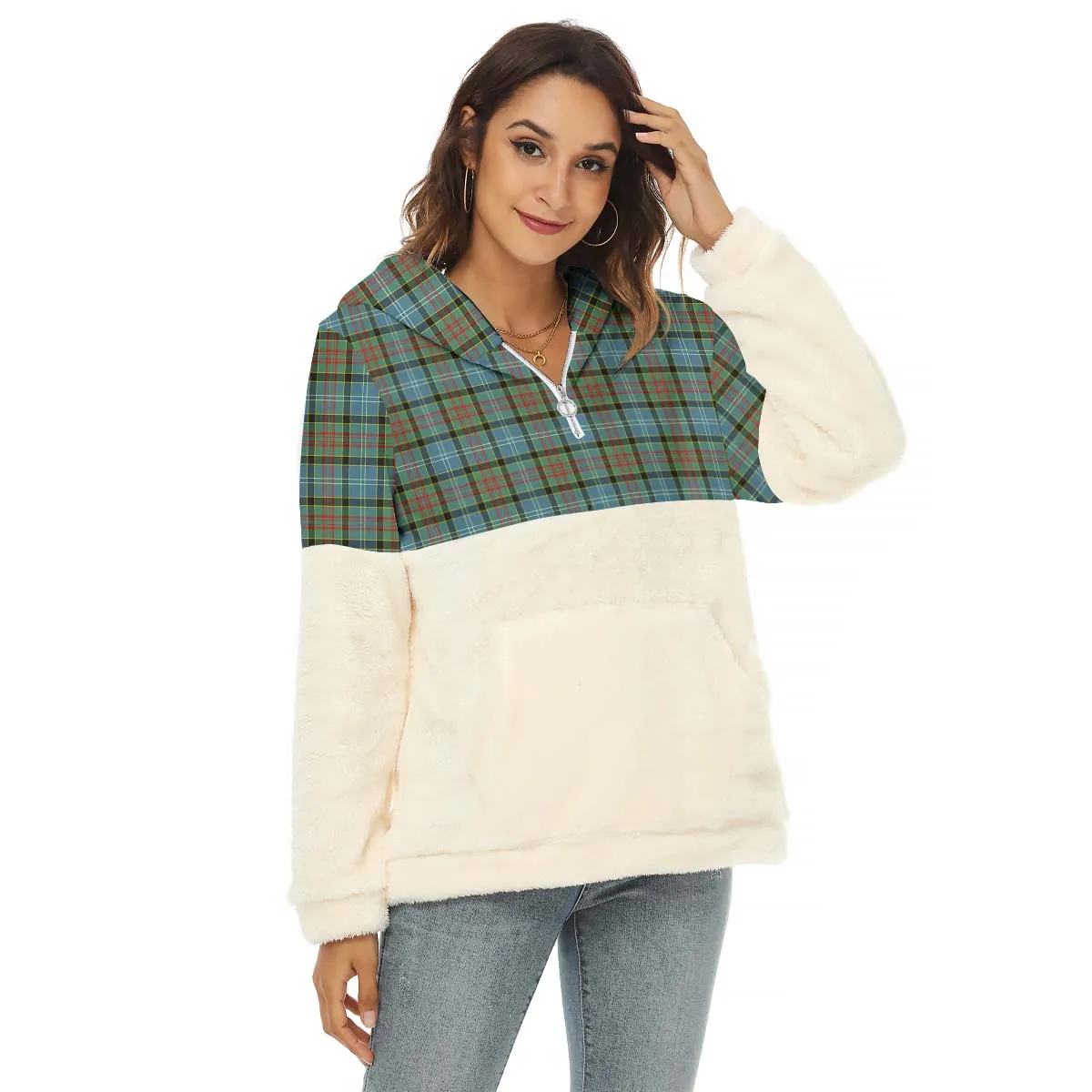 Brisbane Tartan Women's Borg Fleece Hoodie With Half Zip