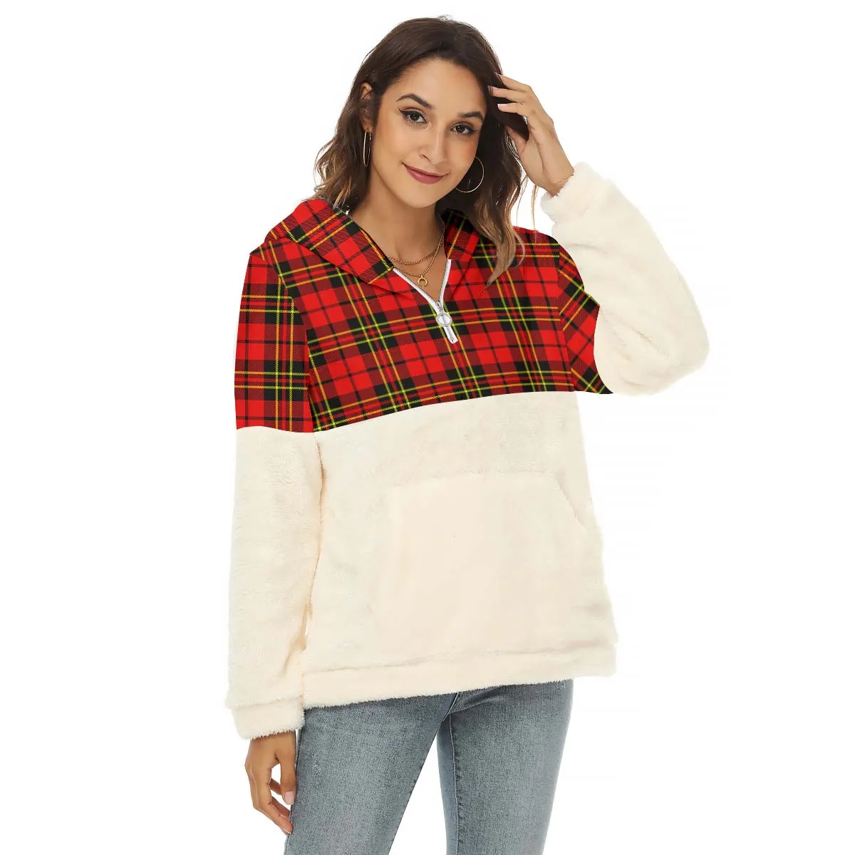 Brodie Modern Tartan Women's Borg Fleece Hoodie With Half Zip