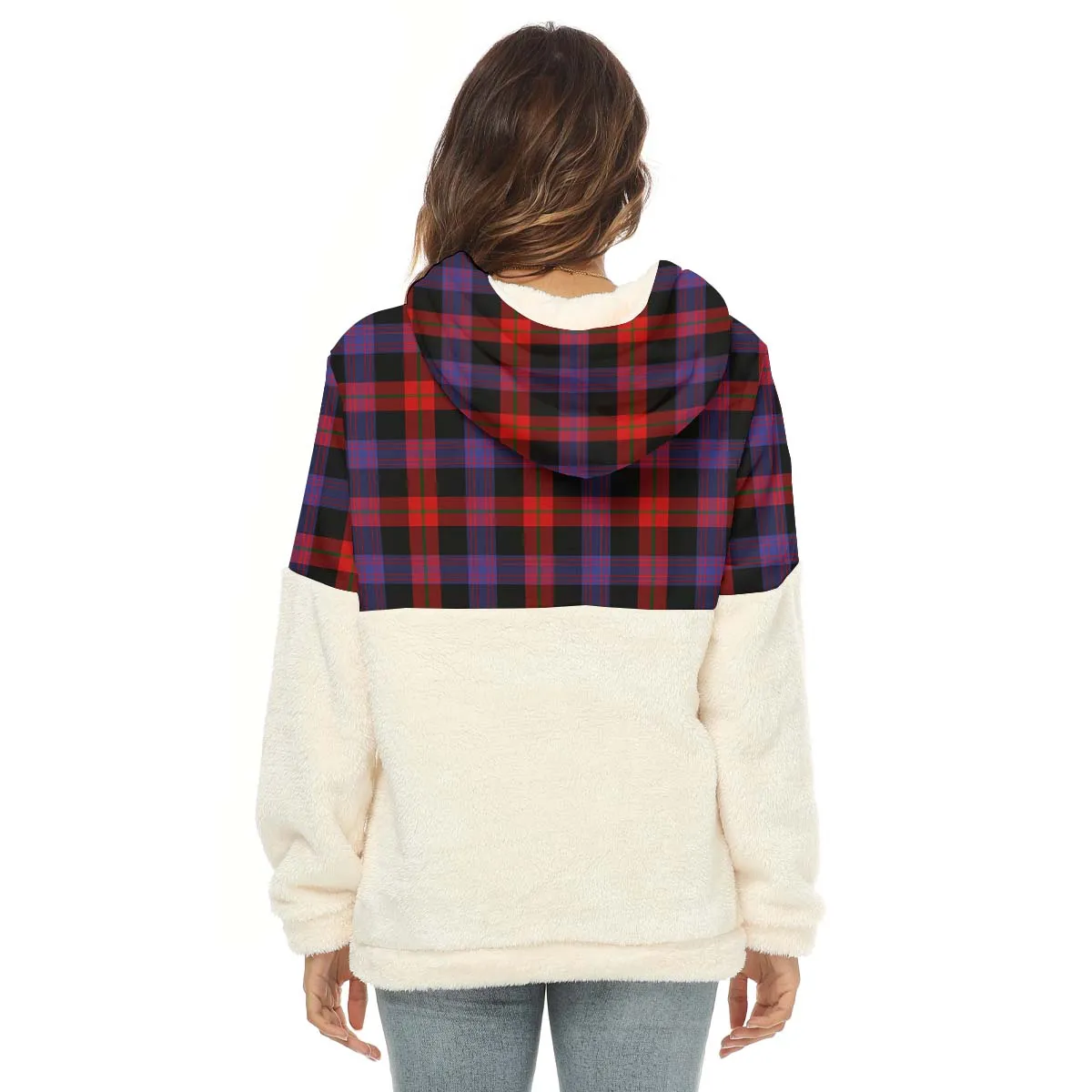 Broun Modern Tartan Women's Borg Fleece Hoodie With Half Zip