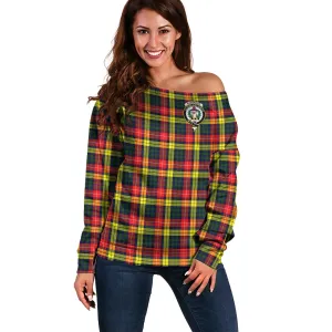 Buchanan Modern Tartan Off Shoulder Women Sweater with Family Crest