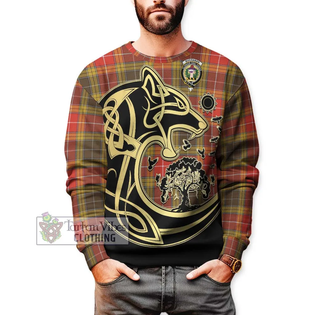 Buchanan Old Set Weathered Tartan Sweatshirt with Family Crest Celtic Wolf Style