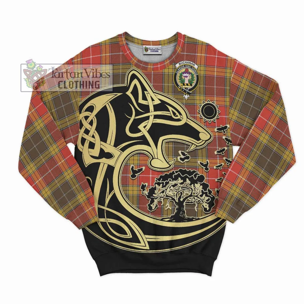 Buchanan Old Set Weathered Tartan Sweatshirt with Family Crest Celtic Wolf Style