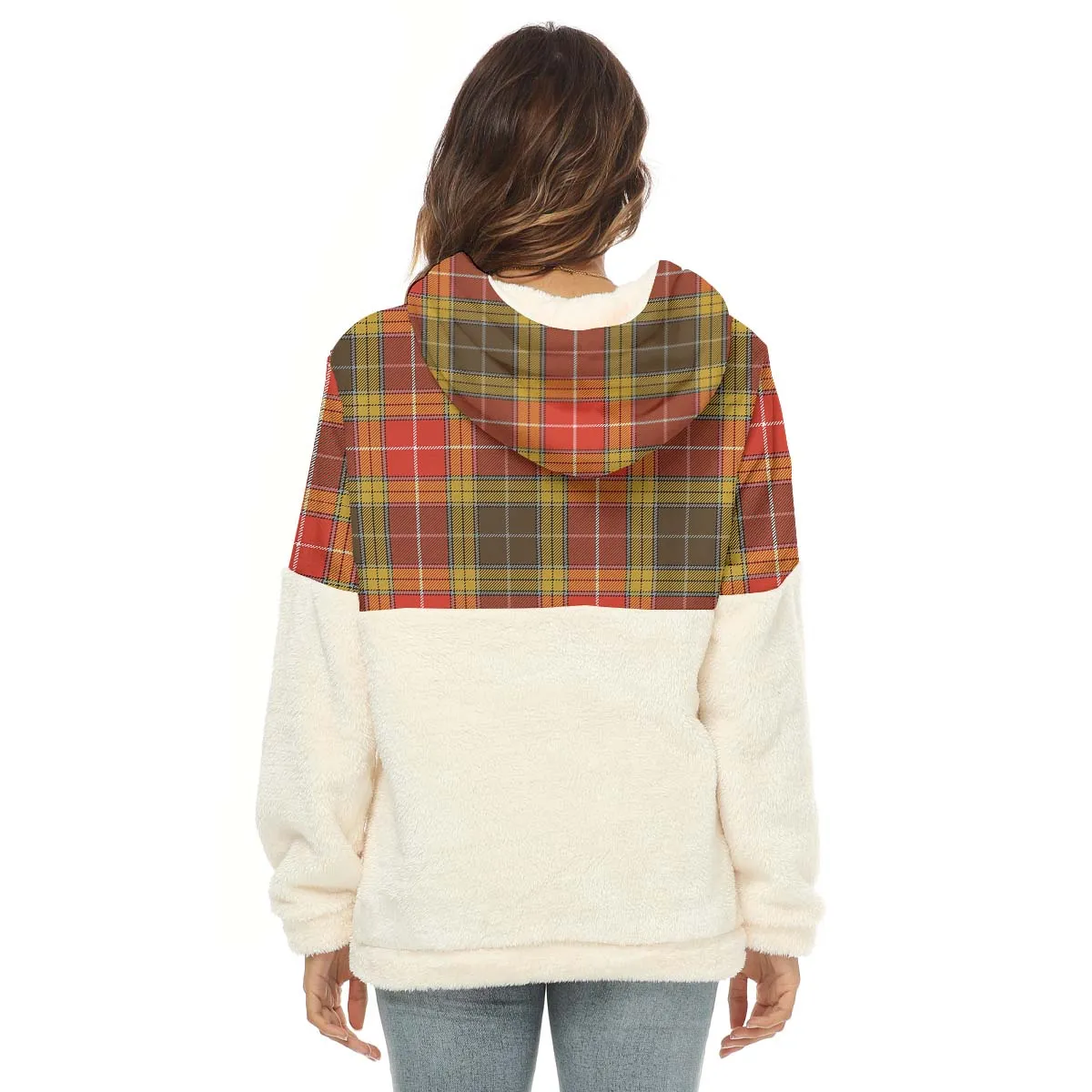 Buchanan Old Set Weathered Tartan Women's Borg Fleece Hoodie With Half Zip with Family Crest