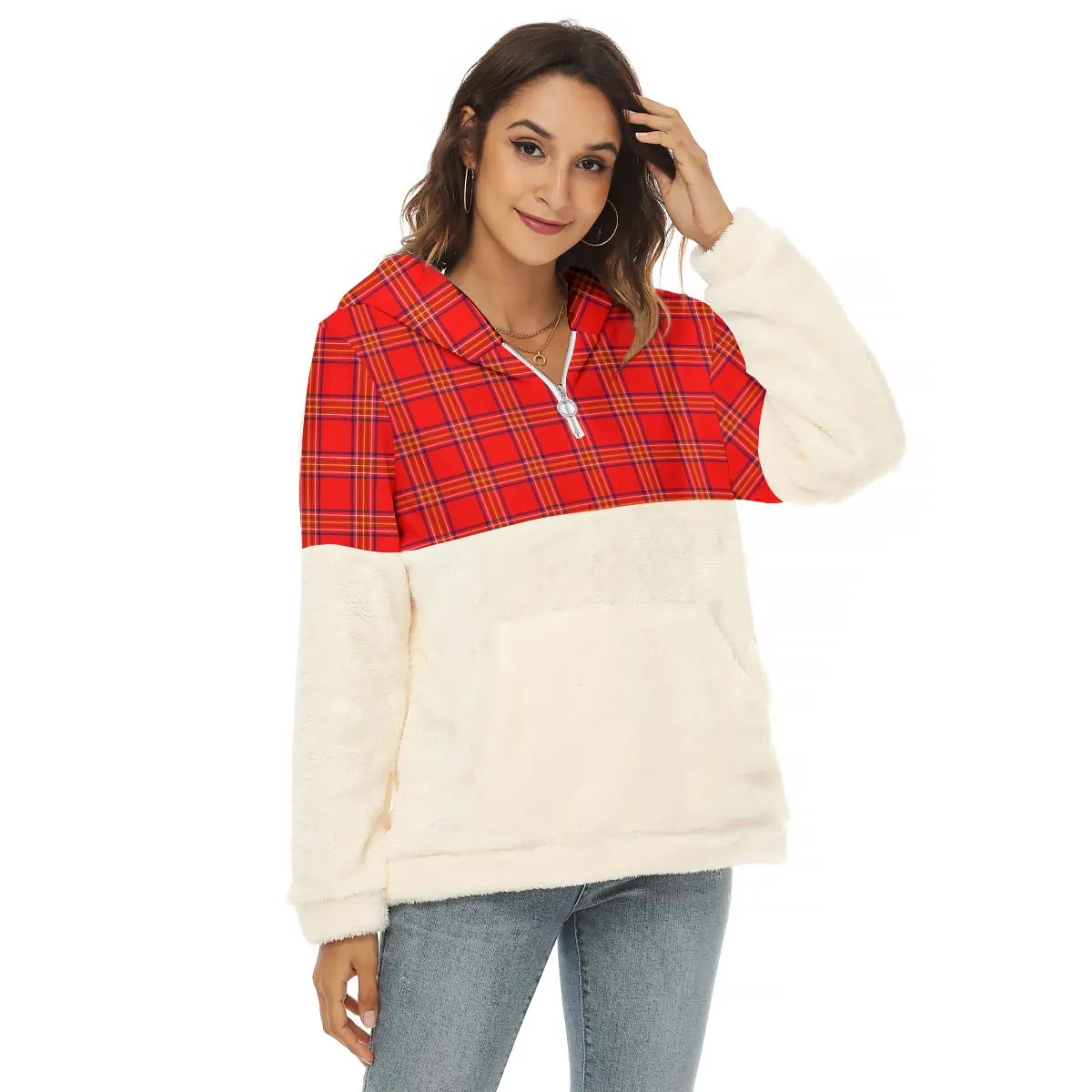 Burnett Modern Tartan Women's Borg Fleece Hoodie With Half Zip