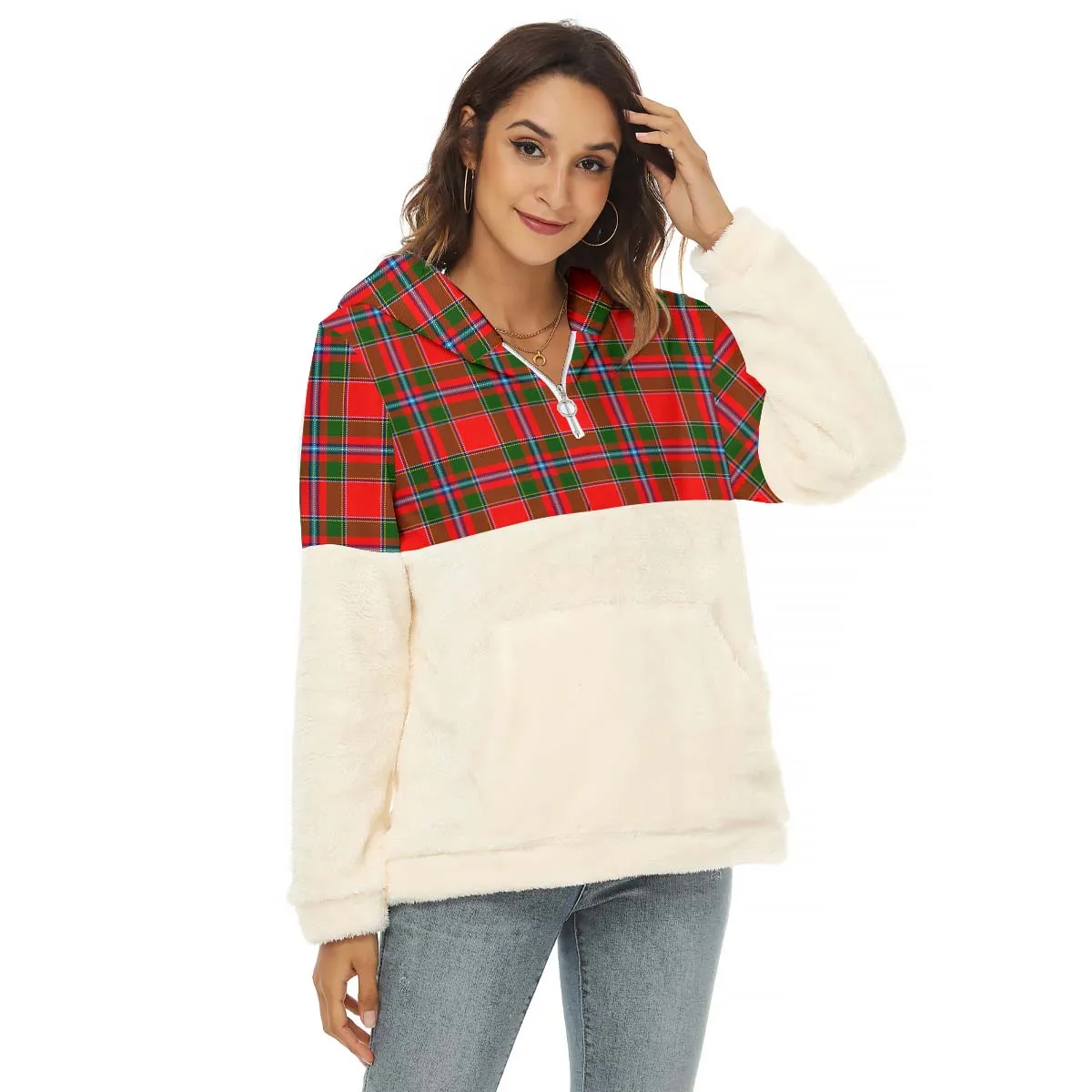 Butter Tartan Women's Borg Fleece Hoodie With Half Zip