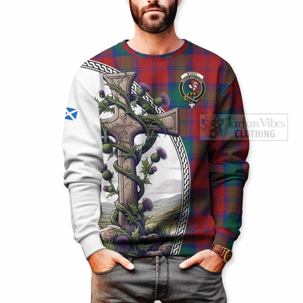 Byres (Byses) Tartan Sweatshirt with Family Crest and St. Andrew's Cross Accented by Thistle Vines