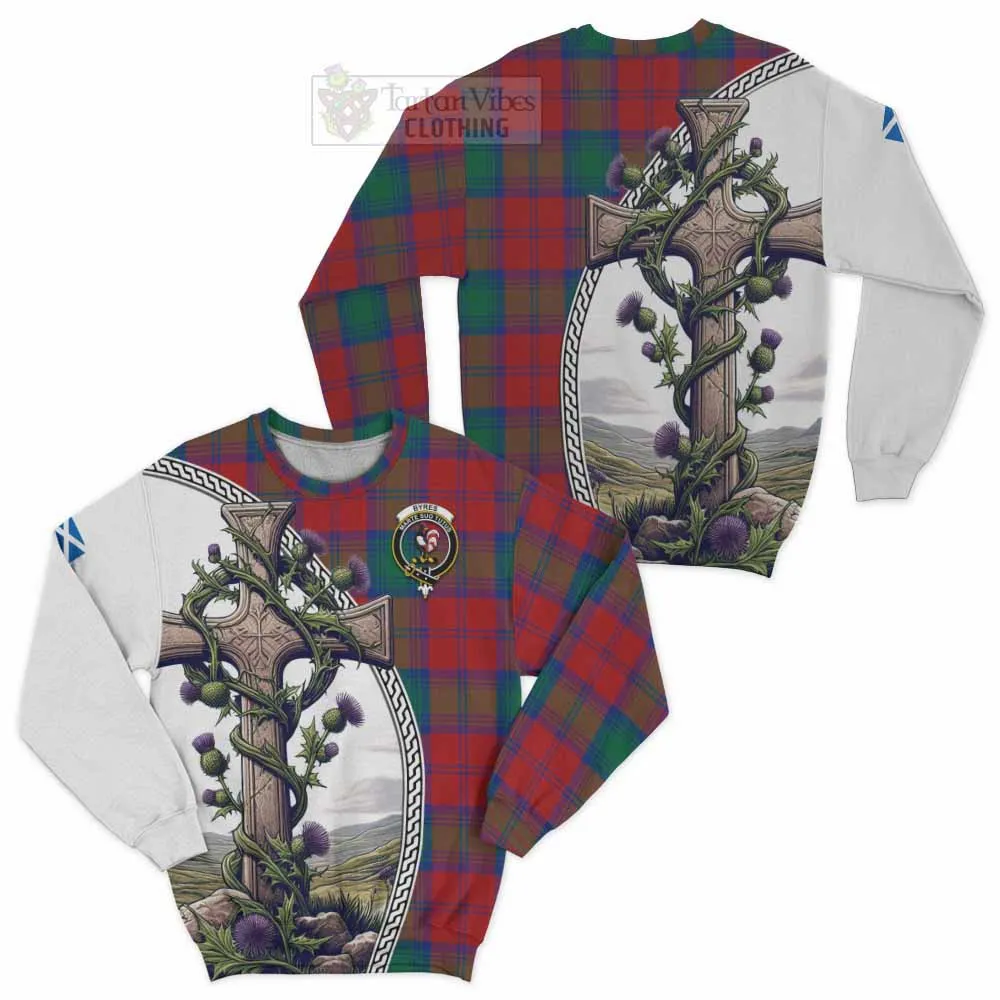 Byres (Byses) Tartan Sweatshirt with Family Crest and St. Andrew's Cross Accented by Thistle Vines