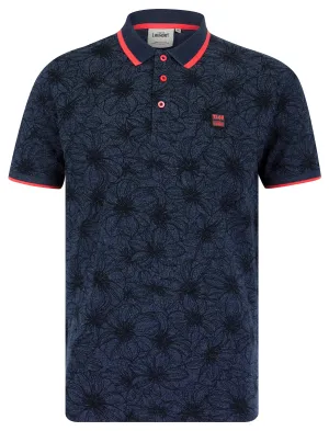 Capulet Cotton Blend Pique Tropical Hawaiian Print Polo Shirt in Navy - Tokyo Laundry