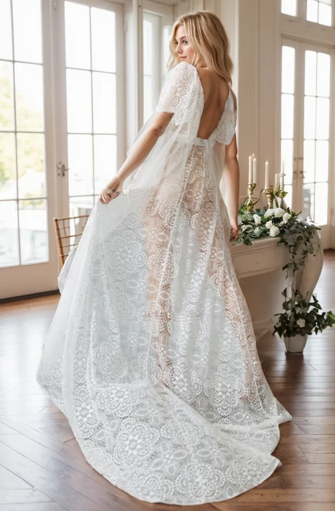 Chantilly floral lace tulle mesh long Lingerie Robe with train bridal robe