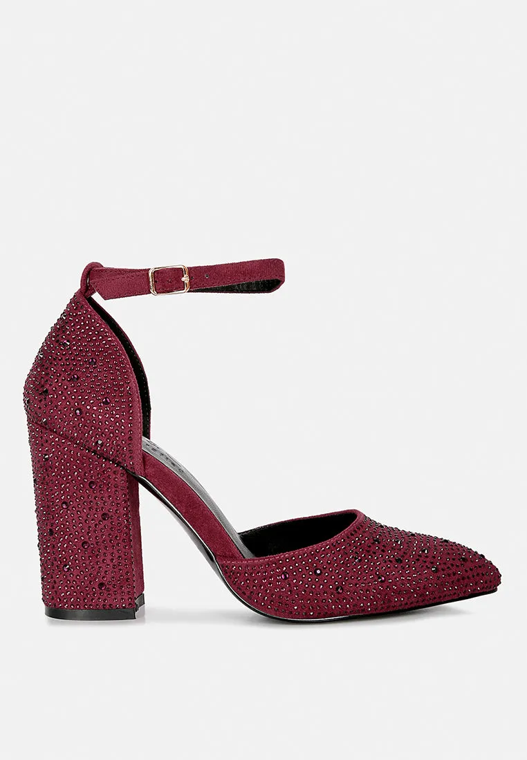 CULVER Rhinestone Embellished Block Heel Sandals in Burgundy