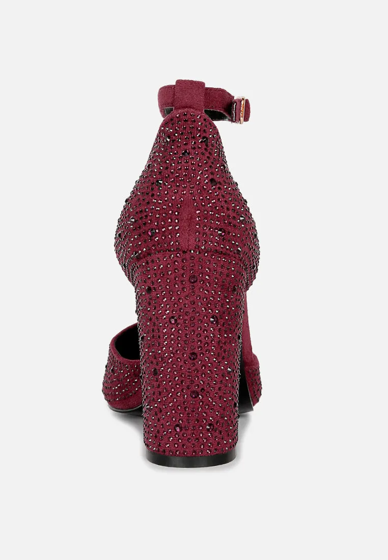 CULVER Rhinestone Embellished Block Heel Sandals in Burgundy