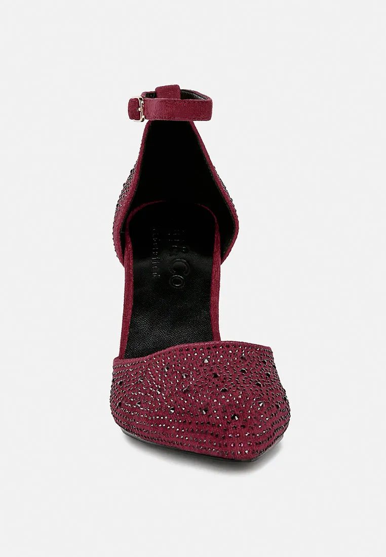 CULVER Rhinestone Embellished Block Heel Sandals in Burgundy