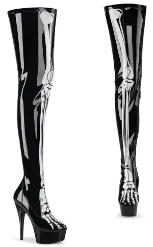 DELIGHT-3000BONE Black Patent Bone Thigh High Boots