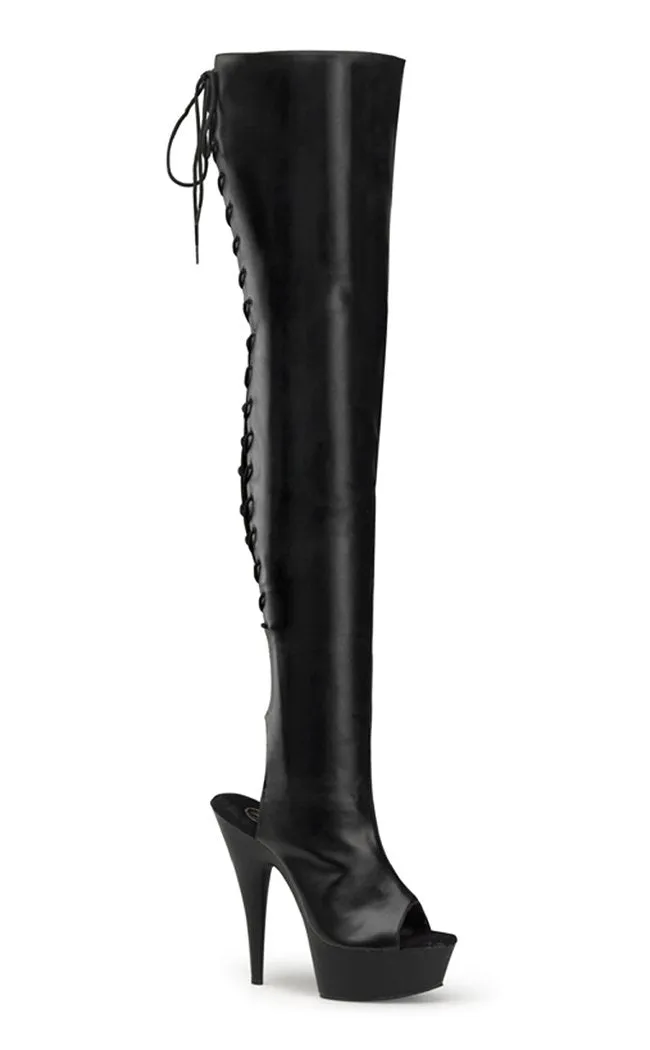 DELIGHT-3017 Black Vegan Leather Thigh High Boots