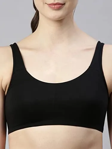 Enamor SB06 Low Impact Slip on Everyday Sports Bra for Women - Non-Padded, Non-Wired & High Coverage | Available in Solids & Prints Black