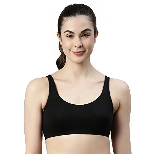 Enamor SB06 Low Impact Slip on Everyday Sports Bra for Women - Non-Padded, Non-Wired & High Coverage | Available in Solids & Prints Black