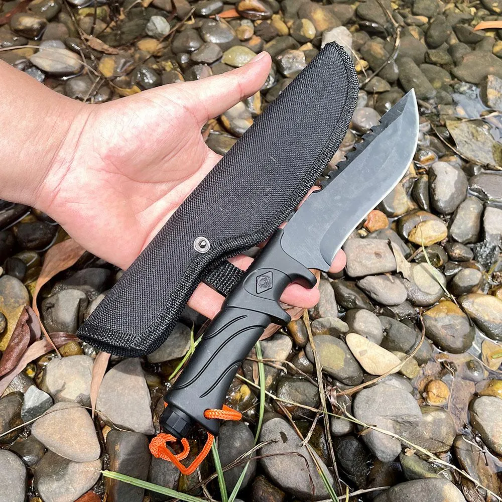 Fixed Blade Outdoor Duty Knife 5Cr3 Stonewashed Stainless Steel Field Knife Straight Camping Knife with ABS Nonslip Handle Waist Clip EDC Nylon Sheath