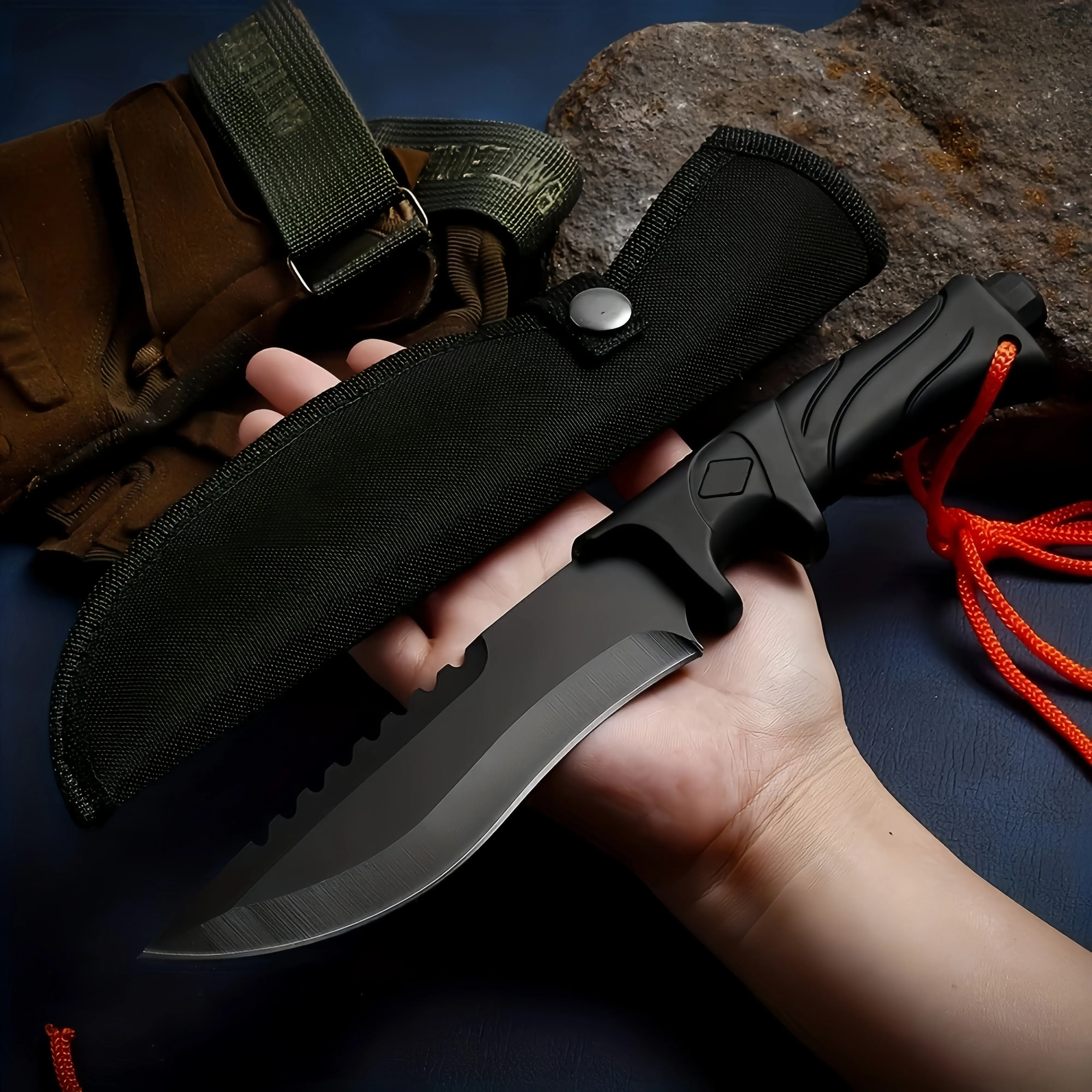 Fixed Blade Outdoor Duty Knife 5Cr3 Stonewashed Stainless Steel Field Knife Straight Camping Knife with ABS Nonslip Handle Waist Clip EDC Nylon Sheath