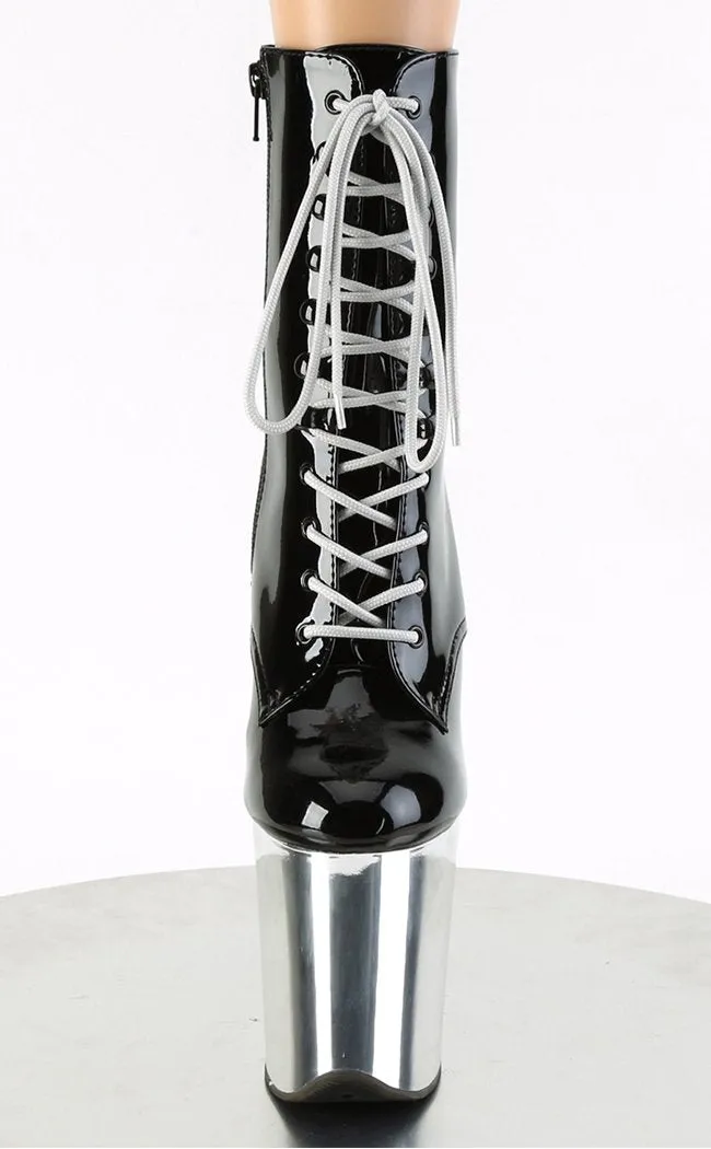 FLAMINGO-1020 Black Patent & Silver Chrome Boots