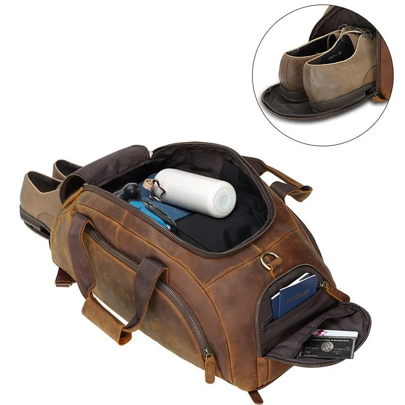 Full Grain Leather Backpack Convertible Duffel Bag with Shoe Pouch