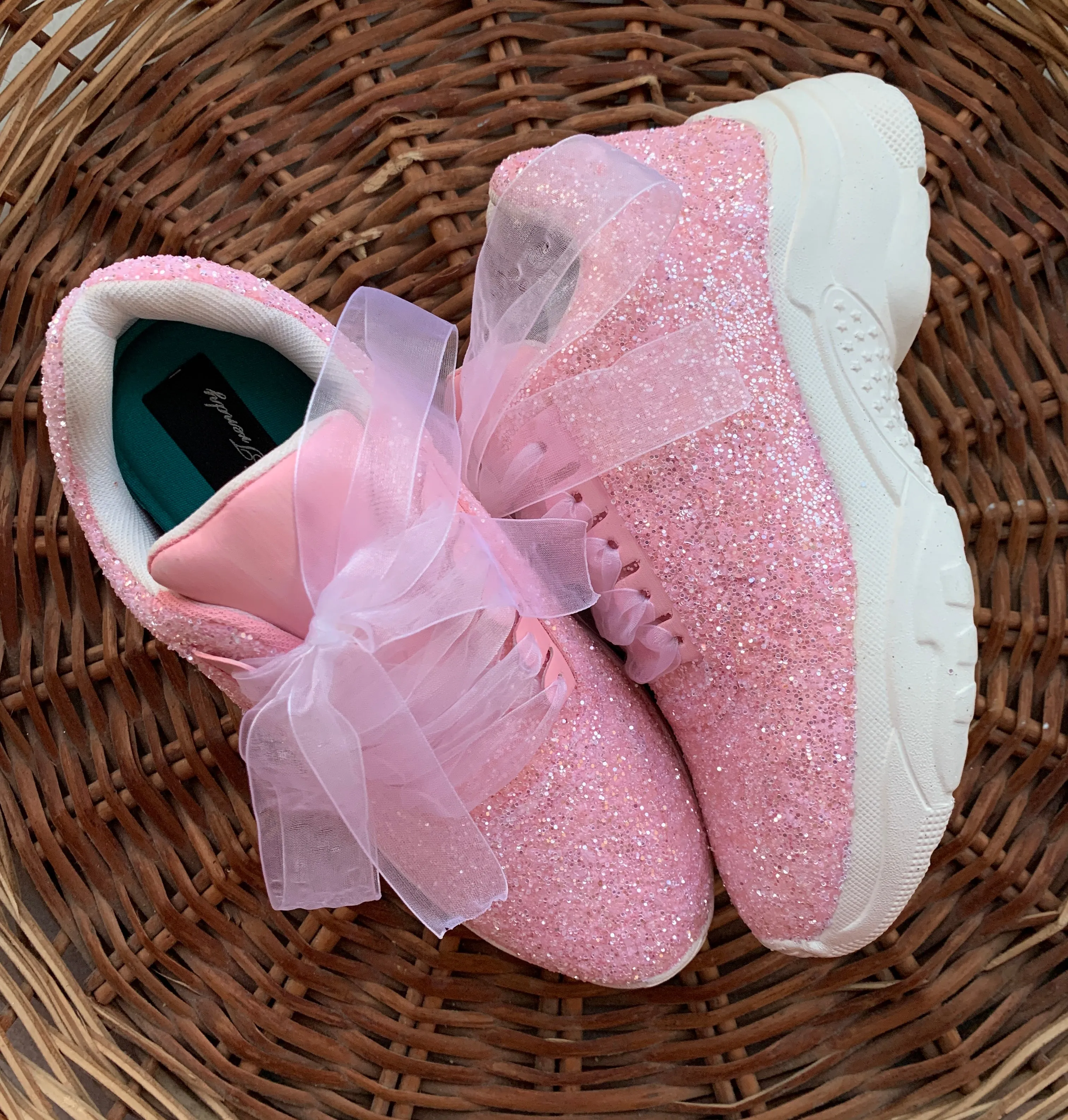 FUNKY N TRENDY steel pink glitter heeled sneakers with pearl detailing for brides /bridesmaids / sneakers for bridesmaids/ handcrafted sneakers/ glitter sneakers / bridal sneakers / bridesmaid sneakers/ pink sneakers / pink shoes