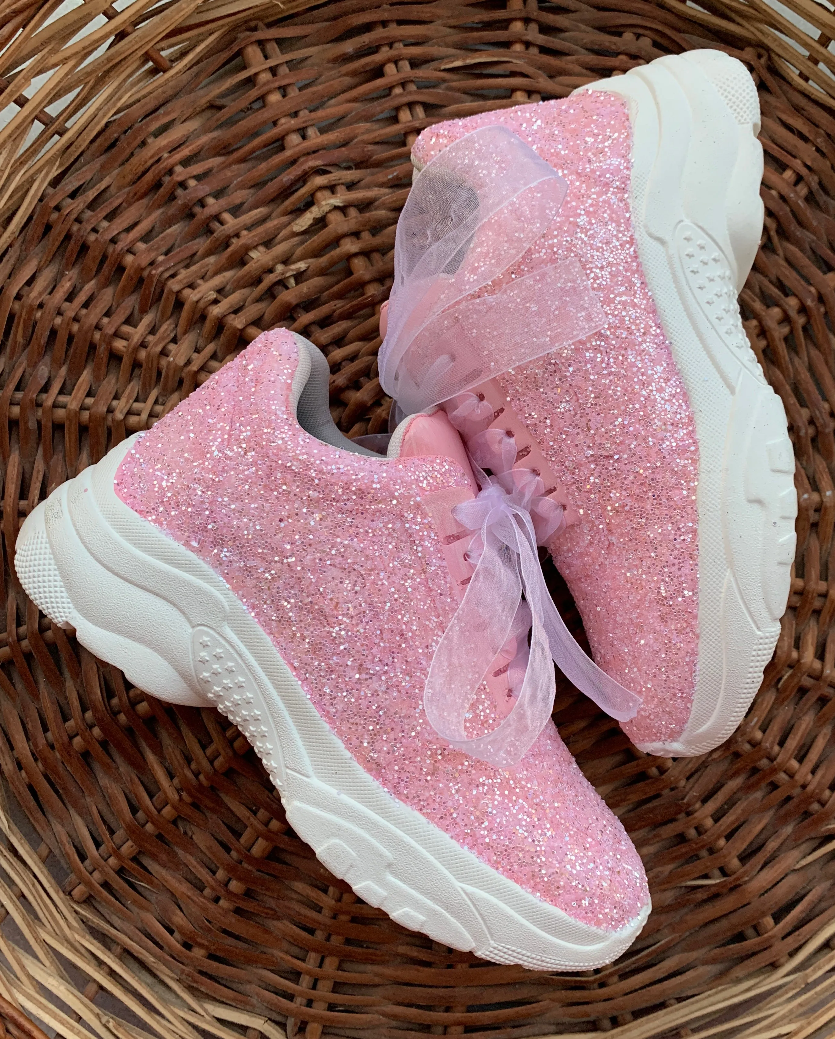 FUNKY N TRENDY steel pink glitter heeled sneakers with pearl detailing for brides /bridesmaids / sneakers for bridesmaids/ handcrafted sneakers/ glitter sneakers / bridal sneakers / bridesmaid sneakers/ pink sneakers / pink shoes