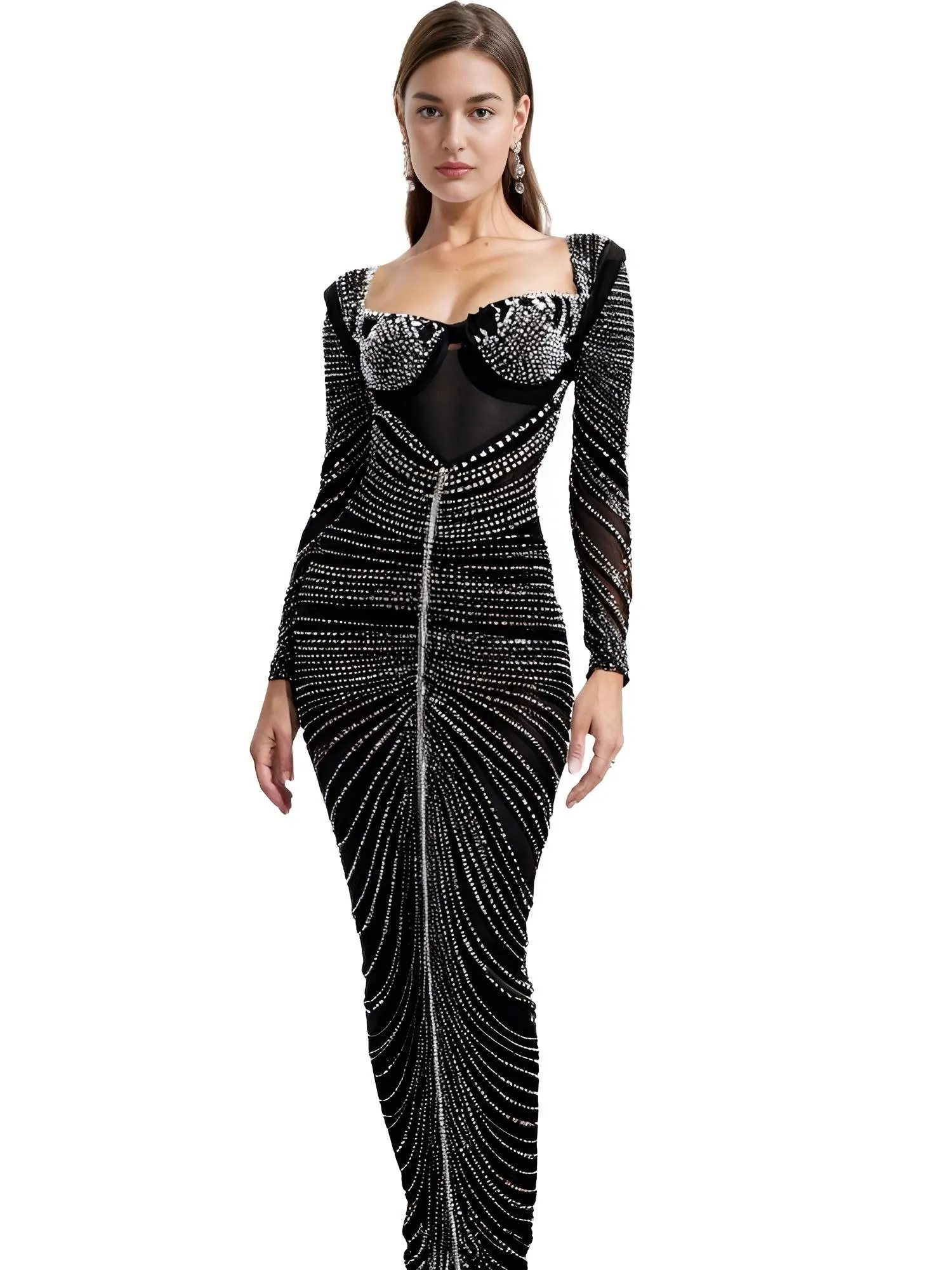 Glitter Mesh Maxi Dress For Women Fashion Full Sleeve Sheath Sexy Club Long Black Evening Dress