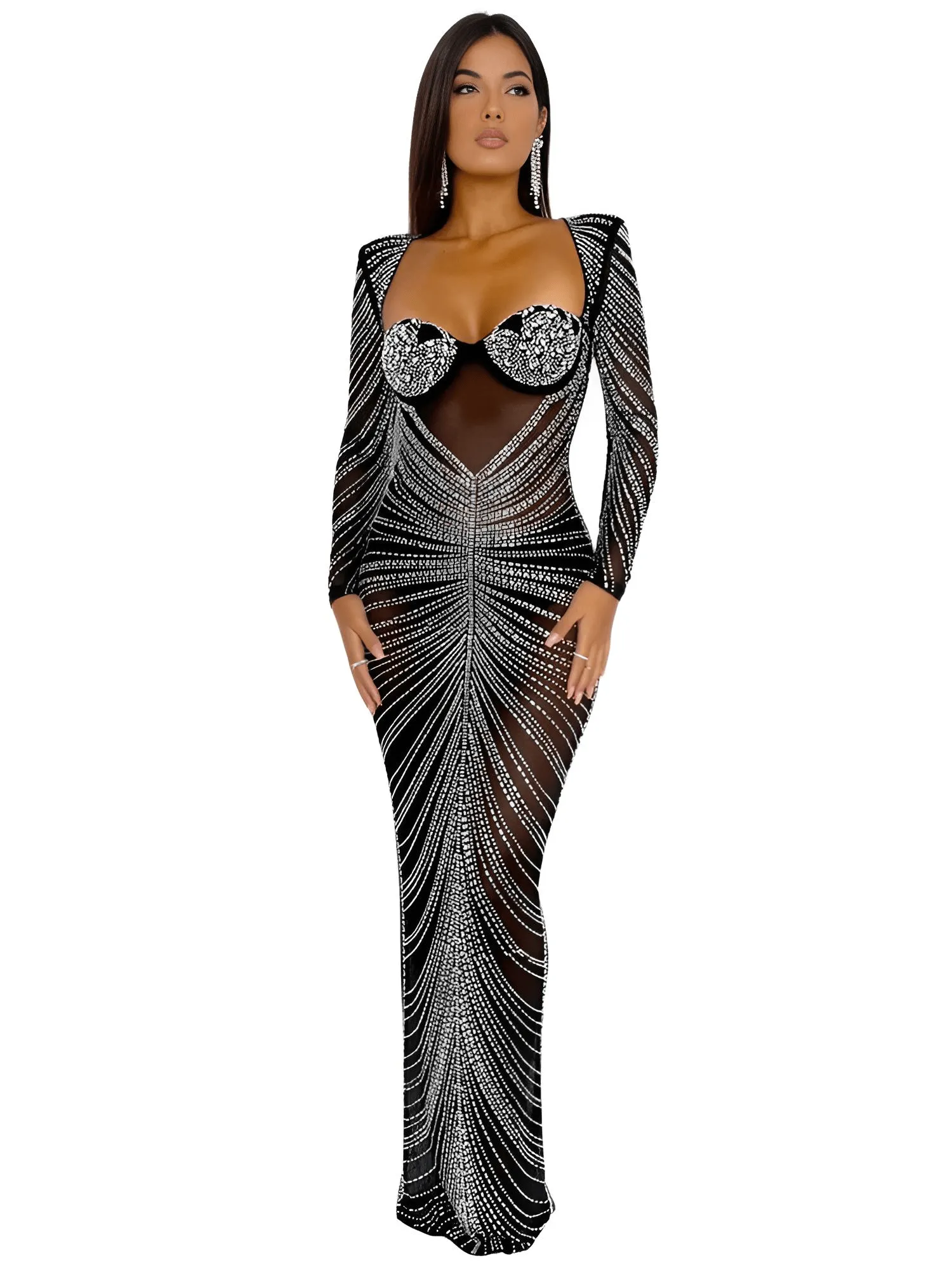 Glitter Mesh Maxi Dress For Women Fashion Full Sleeve Sheath Sexy Club Long Black Evening Dress