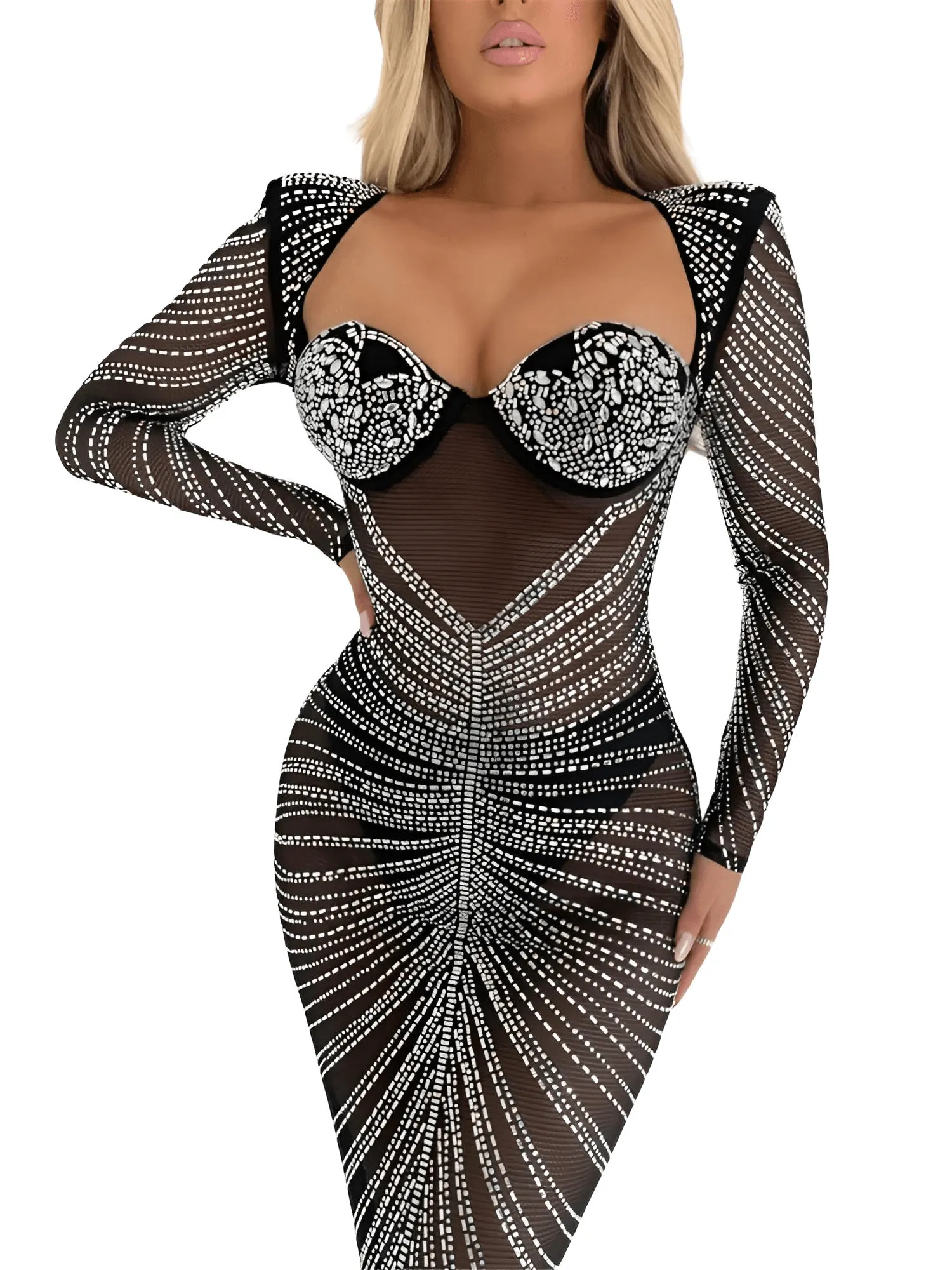 Glitter Mesh Maxi Dress For Women Fashion Full Sleeve Sheath Sexy Club Long Black Evening Dress