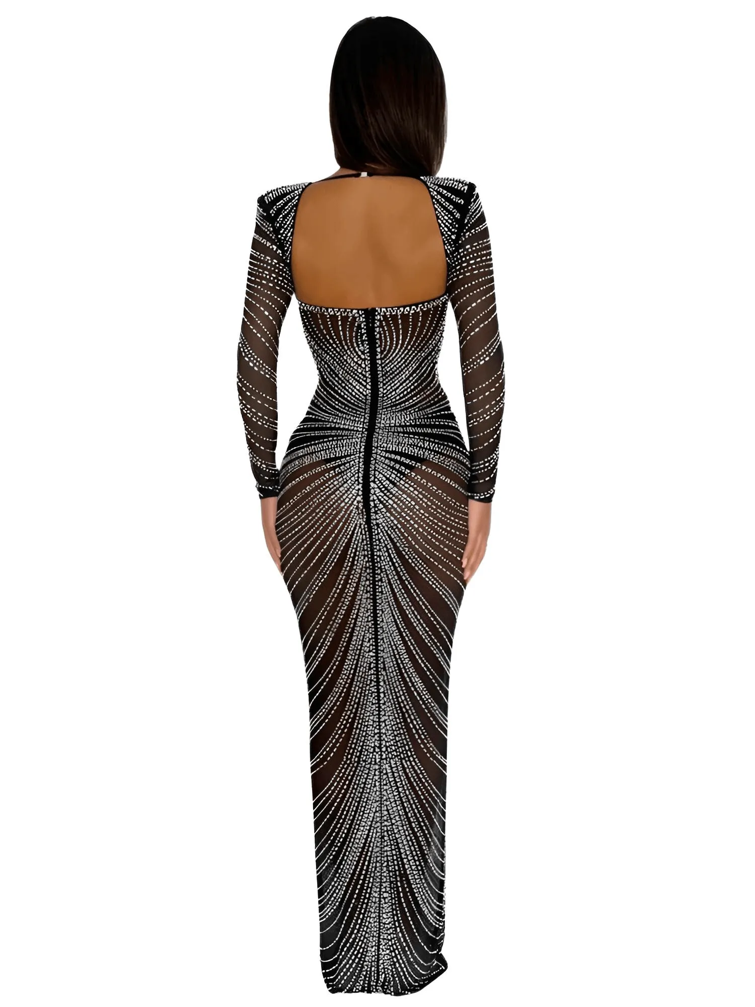 Glitter Mesh Maxi Dress For Women Fashion Full Sleeve Sheath Sexy Club Long Black Evening Dress