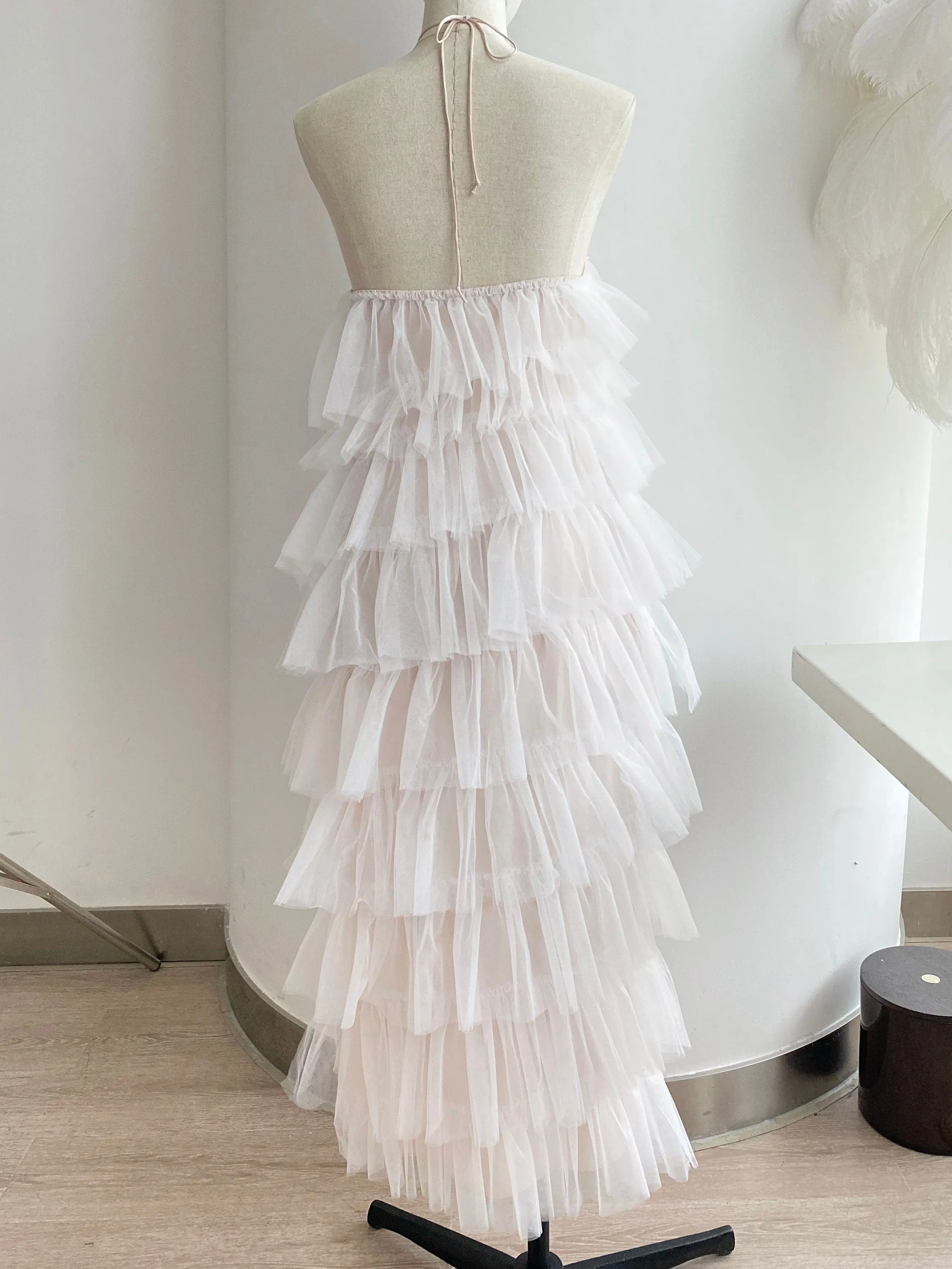 Haltered Sliding Ruffle Layered Hem fit and flare tutu ankle length tulle prom dress