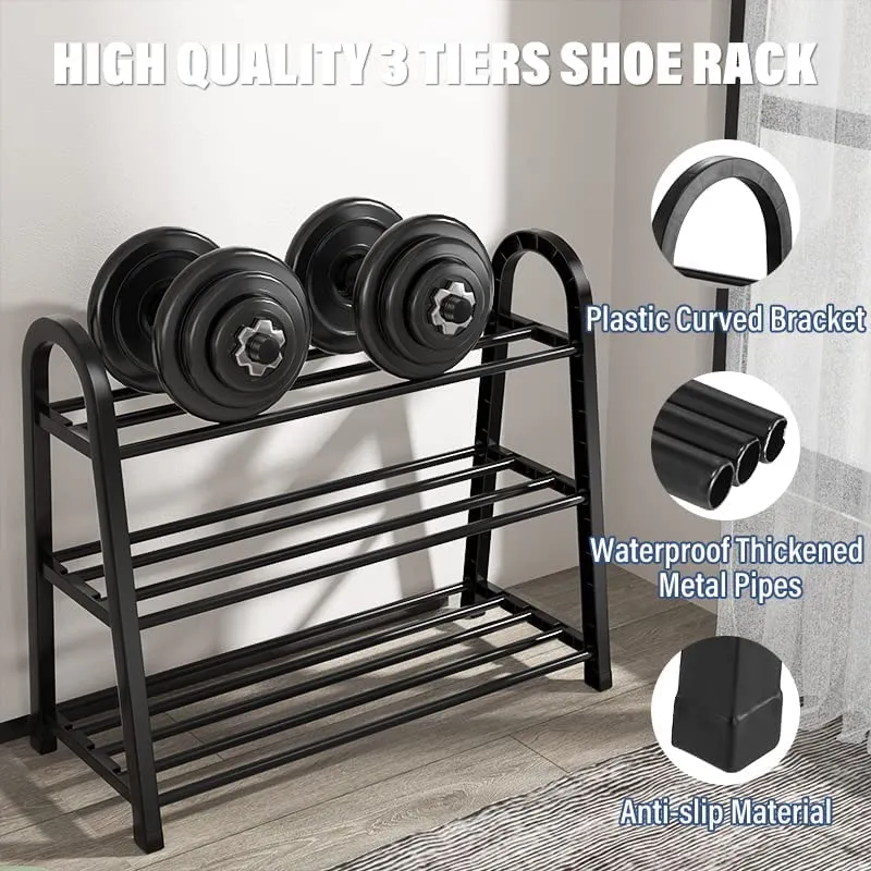 INDIAN DECOR 415602 Shoe Rack Stackable 3-Tier Metal Storage Organizer Free Standing Shoe Shelf for Entryway, Bathroom, Balcony, Kitchen, High Heels, Slippers, Black